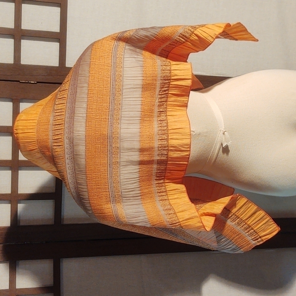 Marc Rozier Orang and Gray Striped Silk - Cotton - Linen Blend Scarf